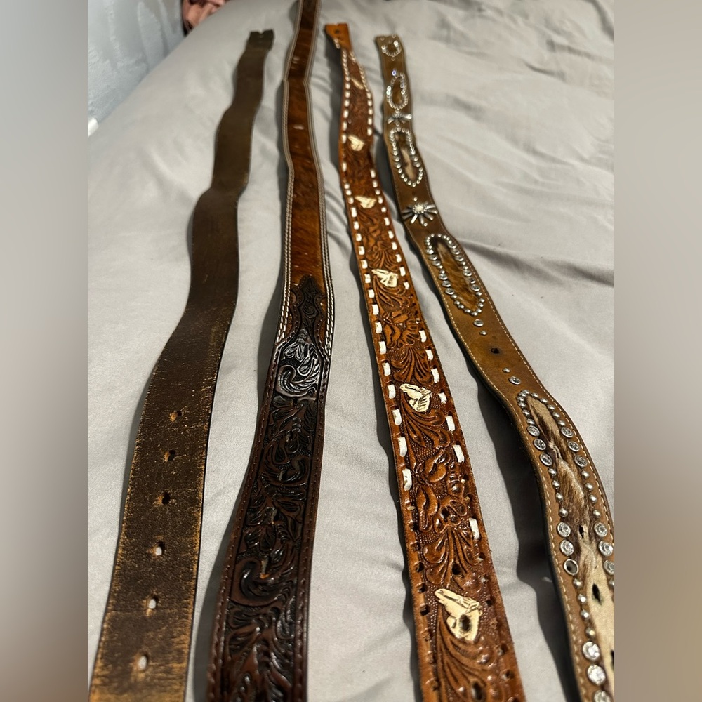 Vintage Cowboy Set of Four Brown Leather Belts with Embellishments